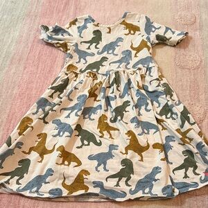 Pink Chicken Dinosaur Print Dress - Cream, Blue, Green